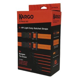 Kargo 8pce Set - 2x Light Duty Straps (1000kg) & 6x Bungees (60cm x 80cm x 100cm) 